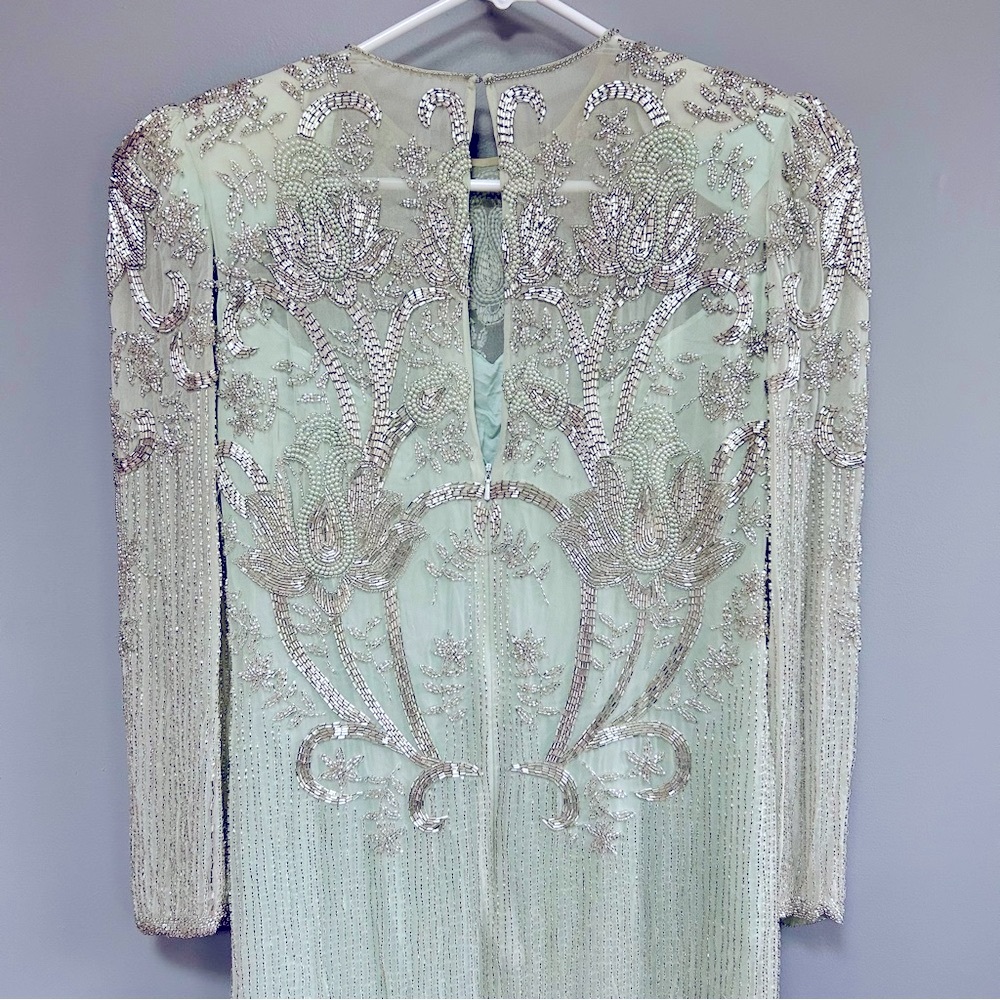 ❌SOLD He-Ro Industries |Vintage 100% Silk Mint Green Fancy Beaded Dress Size 10 - Picture 12 of 16